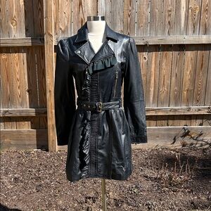 RED Valentino Black Leather Trench Jacket with Ruffle Detail and Belt 44/US 8